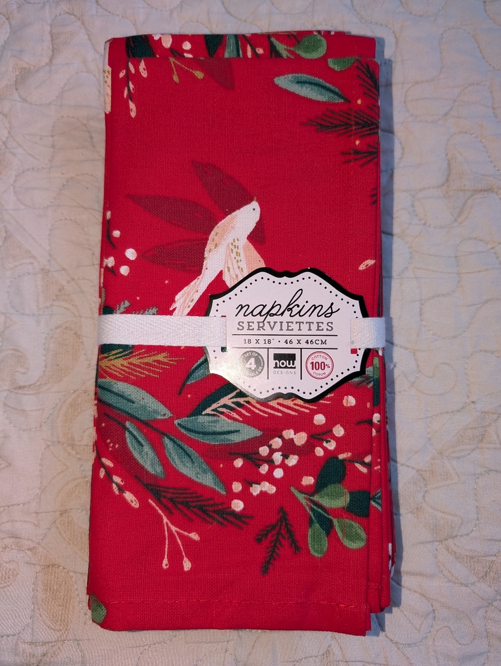 🆕 Christmas Napkins Holiday Red Botanical Cotton Serviettes Set of 4 18x18" 🕊️